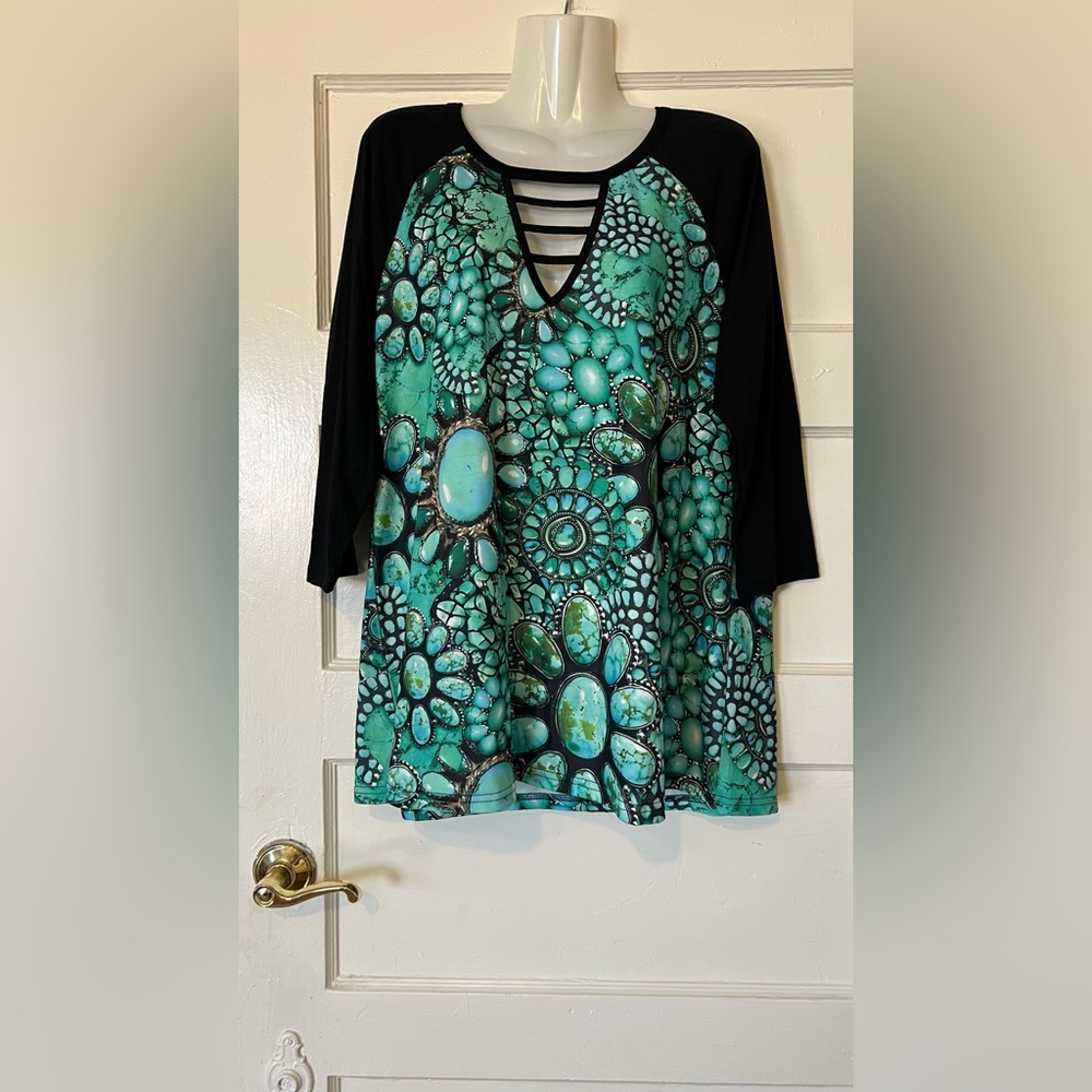 Turquoise Gemstone Print Strappy V-Neck Tunic Top